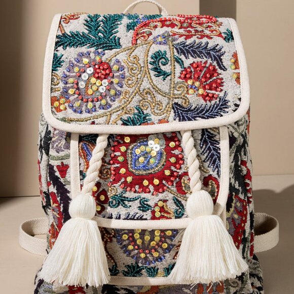 Handmade Boho Chic Backpack - Charming Jacquard Flower Pattern - Fine Cotton - Picture 3 of 11